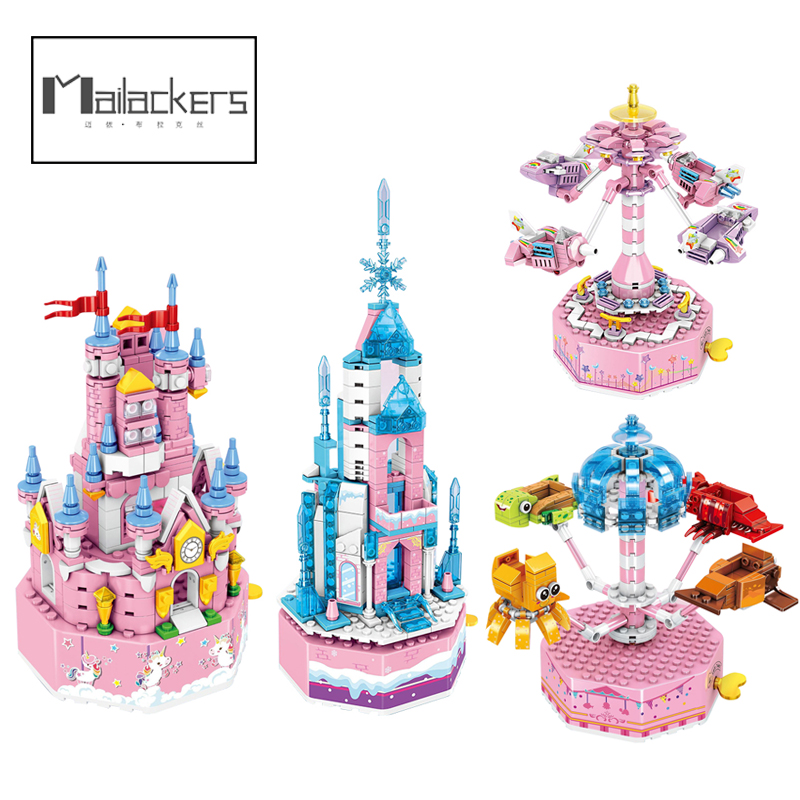 Mailackers 공주 성 뮤직 박스 모델 빌딩 블록 크리 에이 티브 MOC 퀸 하우스 벽돌 아이들을위한 장난감 세트 소녀 크리스마스 선물